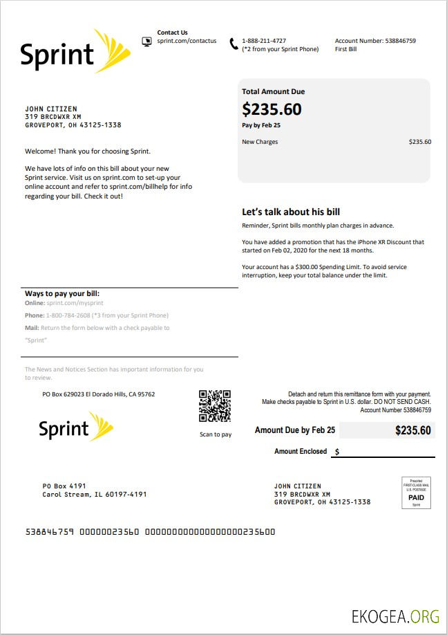 USA Sprint (T Mobile) utility bill template in Word and PDF format